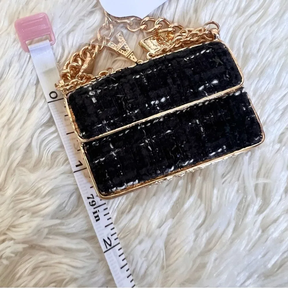 Elegant Black and Gold Plaid Bag Keychain Bag Charm NEW